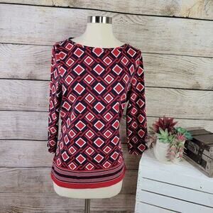Talbots Women's Geometric‎ Diamond Print Crew Neck 3/4 Sleeves Stretch Top Large